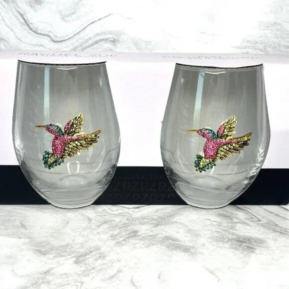 x2 Rachel Zoe Rhinestone Hummingbird Stemless Wine Glass Set Bling Summer 19oz - Picture 5 of 5
